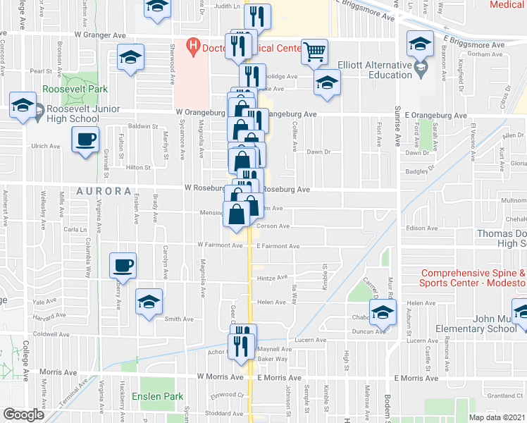 map of restaurants, bars, coffee shops, grocery stores, and more near 112 Palm Avenue in Modesto