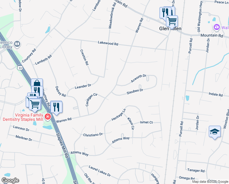 map of restaurants, bars, coffee shops, grocery stores, and more near 10407 Warren Road in Glen Allen