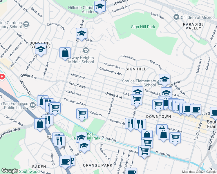 map of restaurants, bars, coffee shops, grocery stores, and more near 723 Miller Avenue in South San Francisco