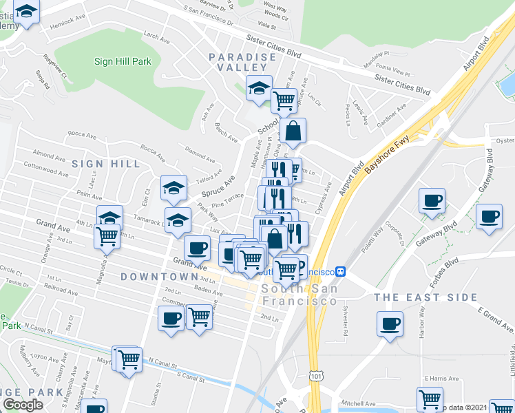 map of restaurants, bars, coffee shops, grocery stores, and more near 615 Olive Avenue in South San Francisco