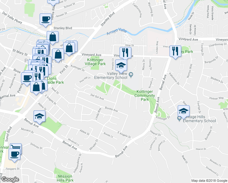 map of restaurants, bars, coffee shops, grocery stores, and more near 4224 Cabernet Court in Pleasanton