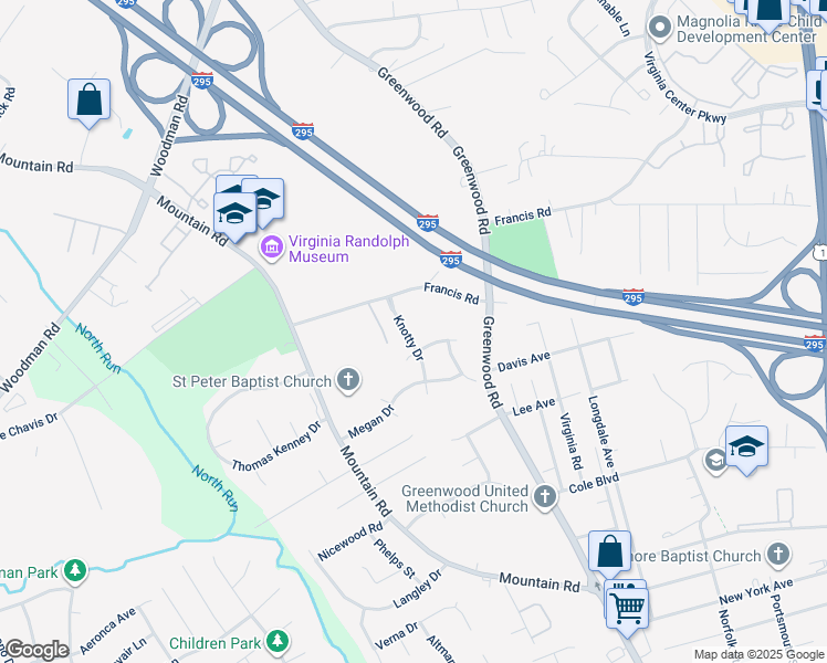 map of restaurants, bars, coffee shops, grocery stores, and more near 2024 Knotty Drive in Glen Allen