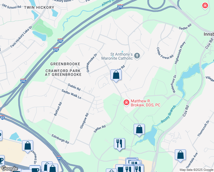 map of restaurants, bars, coffee shops, grocery stores, and more near 11423 Hayloft Lane in Glen Allen
