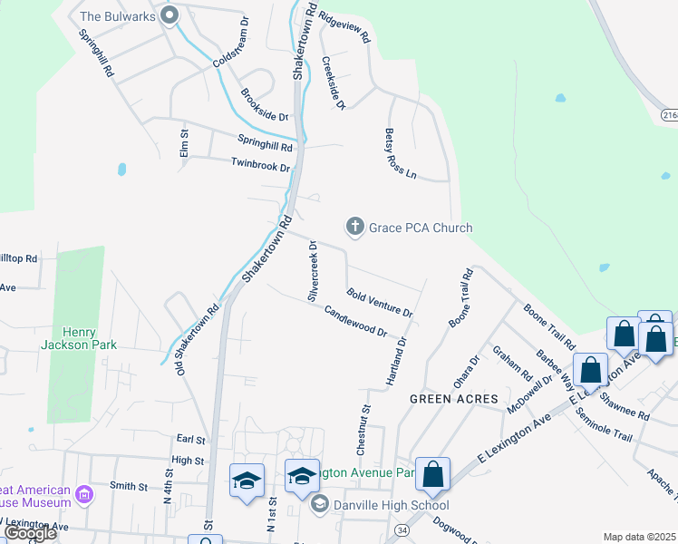 map of restaurants, bars, coffee shops, grocery stores, and more near 108 Silvercreek Drive in Danville