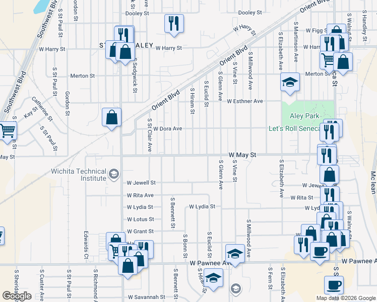map of restaurants, bars, coffee shops, grocery stores, and more near 1951 South Hiram Street in Wichita