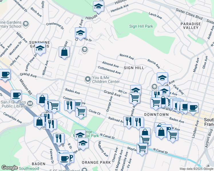 map of restaurants, bars, coffee shops, grocery stores, and more near 723 Miller Avenue in South San Francisco
