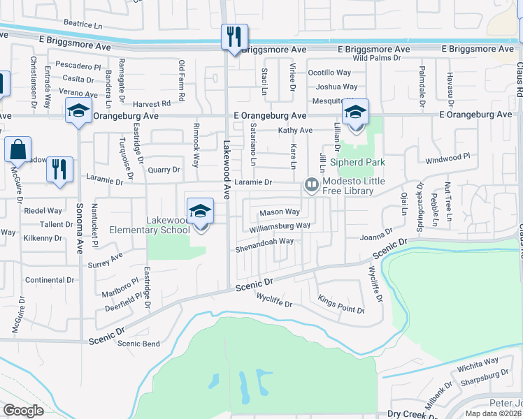 map of restaurants, bars, coffee shops, grocery stores, and more near 3105 Mason Way in Modesto