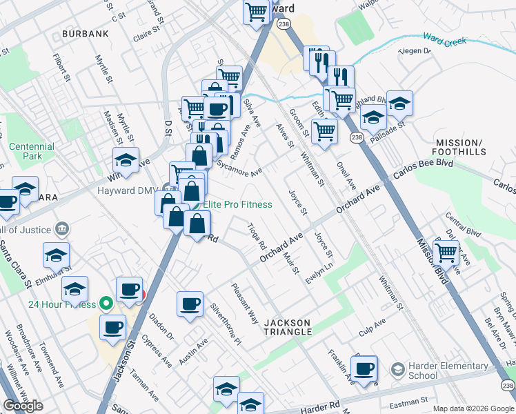 map of restaurants, bars, coffee shops, grocery stores, and more near 24655 Pontiac Street in Hayward