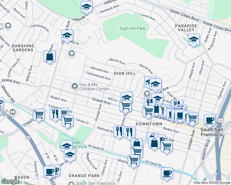 map of restaurants, bars, coffee shops, grocery stores, and more near 406 Locust Avenue in South San Francisco