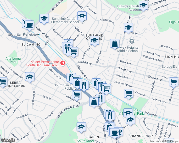 map of restaurants, bars, coffee shops, grocery stores, and more near 1050 Mission Road in South San Francisco