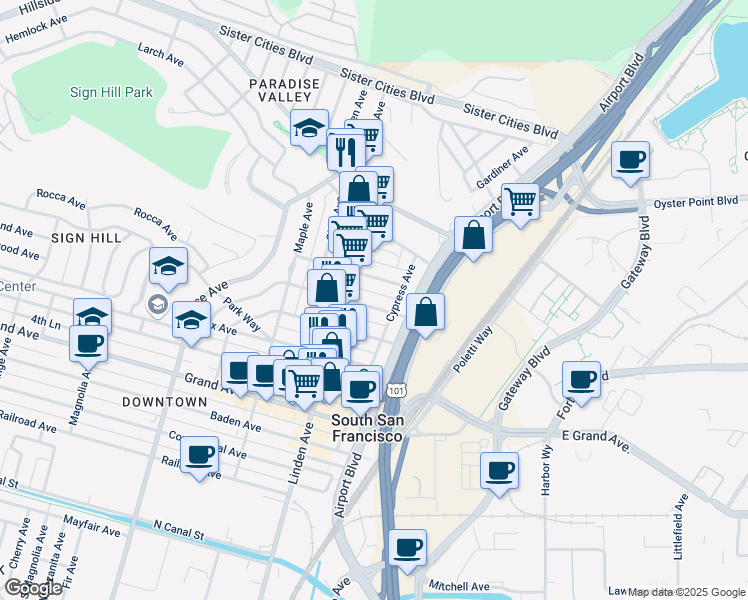 map of restaurants, bars, coffee shops, grocery stores, and more near 218 Pine Avenue in South San Francisco
