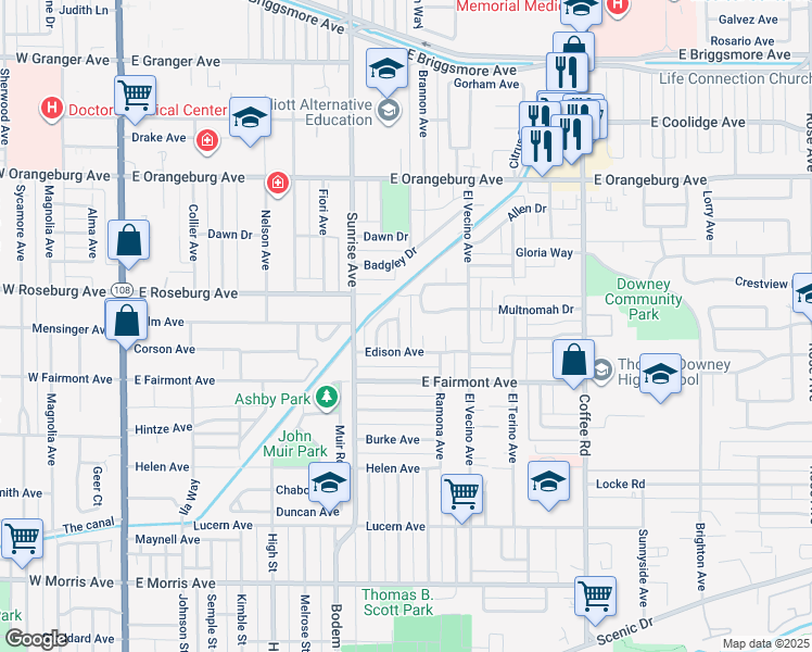 map of restaurants, bars, coffee shops, grocery stores, and more near 1124 Bel Air Court in Modesto