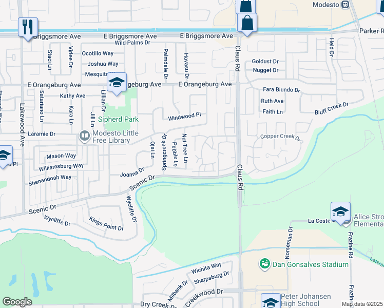 map of restaurants, bars, coffee shops, grocery stores, and more near 1116 Nut Tree Lane in Modesto