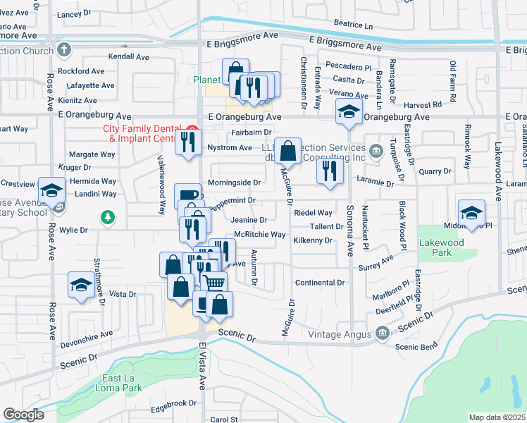 map of restaurants, bars, coffee shops, grocery stores, and more near 1112 Patty Way in Modesto