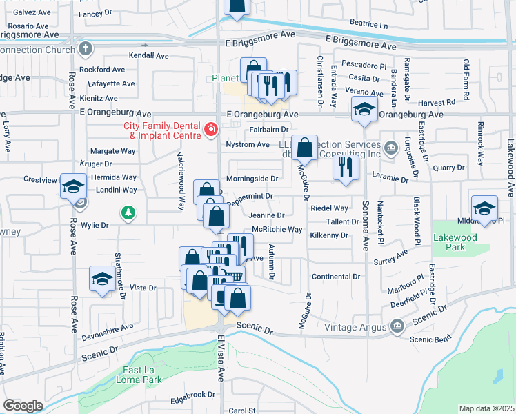 map of restaurants, bars, coffee shops, grocery stores, and more near 1113 Peppermint Court in Modesto