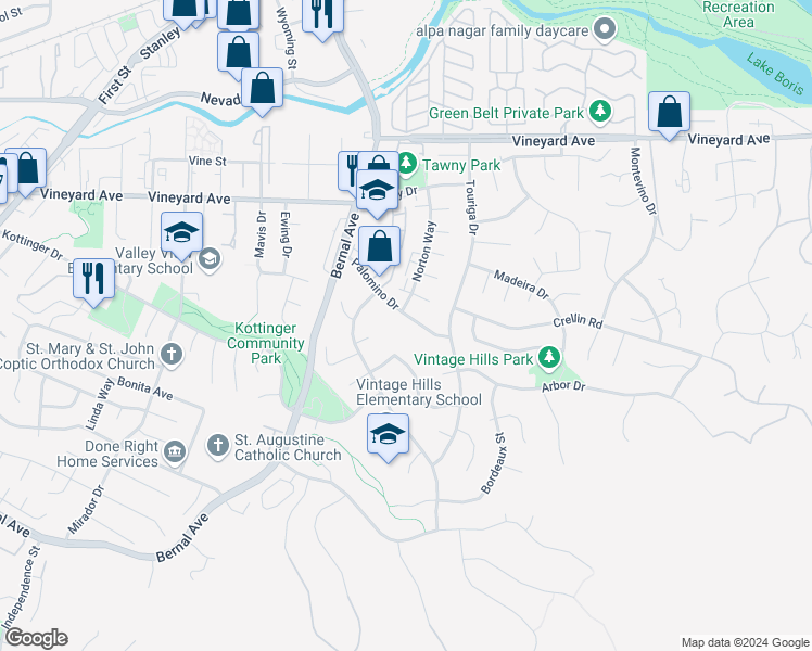 map of restaurants, bars, coffee shops, grocery stores, and more near 763 Palomino Drive in Pleasanton