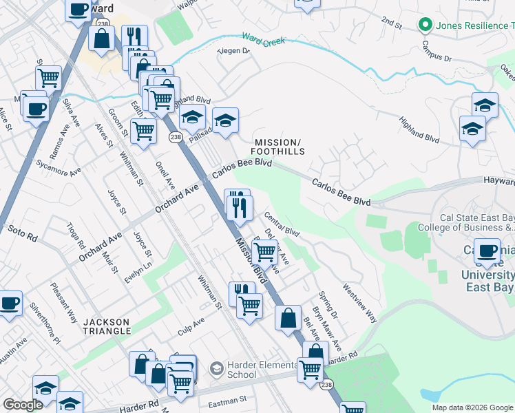 map of restaurants, bars, coffee shops, grocery stores, and more near 936 Central Boulevard in Hayward
