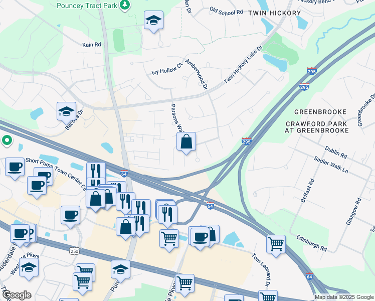 map of restaurants, bars, coffee shops, grocery stores, and more near 11628 Parsons Walk Court in Glen Allen