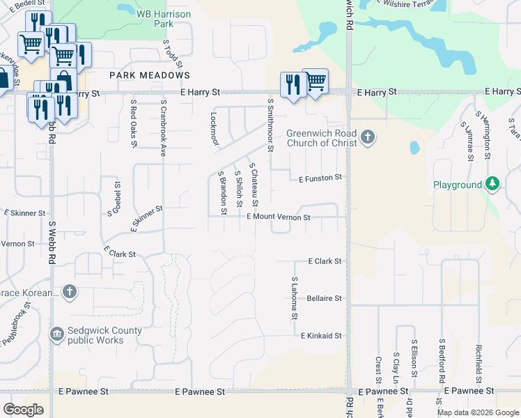 map of restaurants, bars, coffee shops, grocery stores, and more near 1914 South Chateau Street in Wichita
