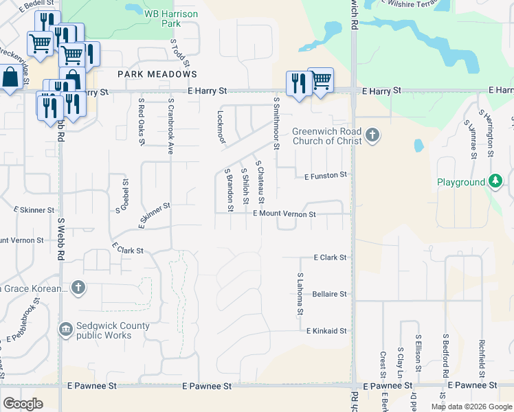 map of restaurants, bars, coffee shops, grocery stores, and more near 1914 South Chateau Street in Wichita