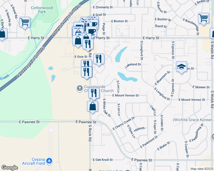 map of restaurants, bars, coffee shops, grocery stores, and more near 8200-8210 East Bluestem Street in Wichita