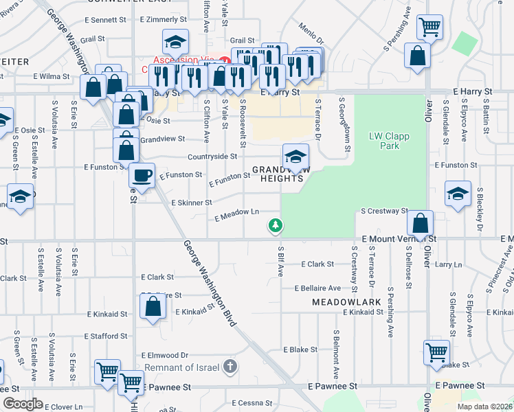 map of restaurants, bars, coffee shops, grocery stores, and more near 3808 East Meadow Lane in Wichita