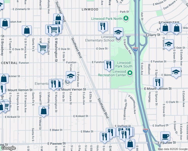 map of restaurants, bars, coffee shops, grocery stores, and more near 1400-1498 East Skinner Street in Wichita