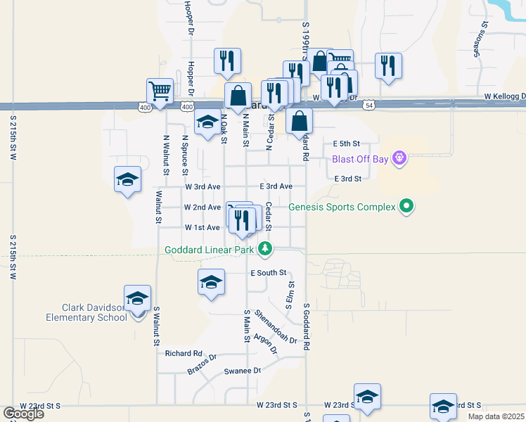 map of restaurants, bars, coffee shops, grocery stores, and more near 200-230 Cedar Street in Goddard