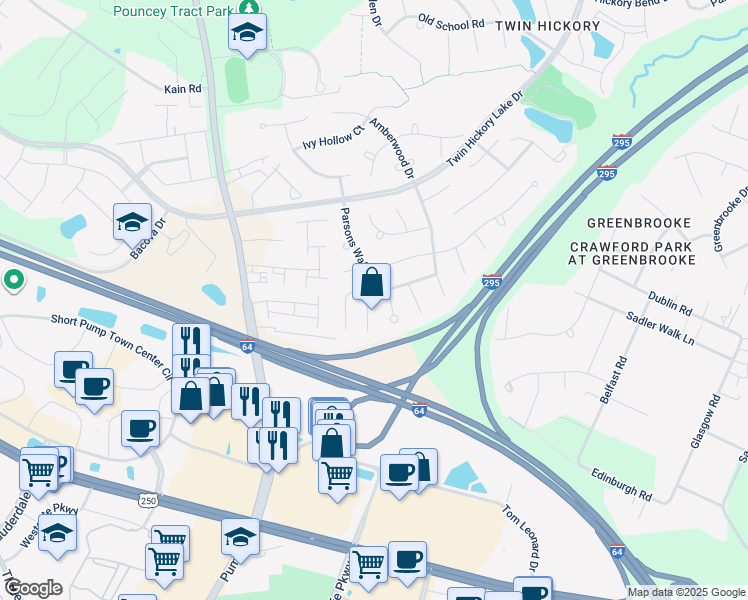map of restaurants, bars, coffee shops, grocery stores, and more near 11628 Parsons Walk Court in Glen Allen