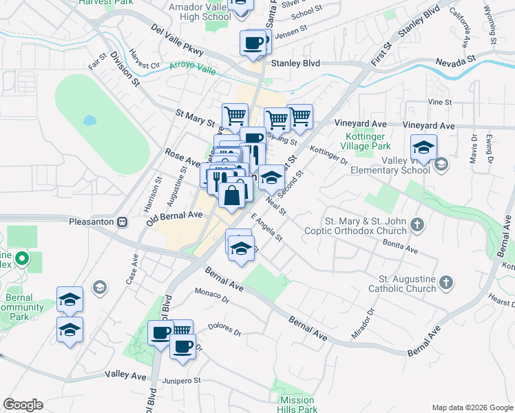 map of restaurants, bars, coffee shops, grocery stores, and more near 4568 First Street in Pleasanton