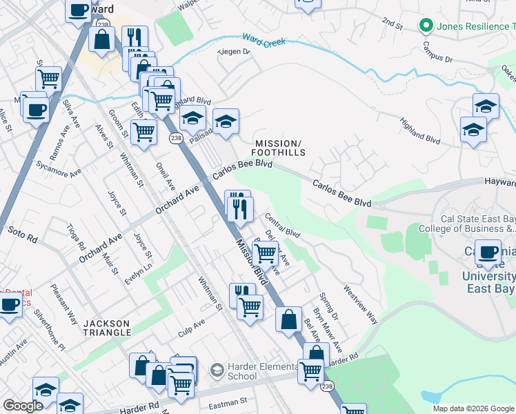 map of restaurants, bars, coffee shops, grocery stores, and more near 936 Central Boulevard in Hayward