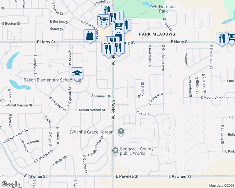 map of restaurants, bars, coffee shops, grocery stores, and more near 1909 South Hoyt Circle in Wichita