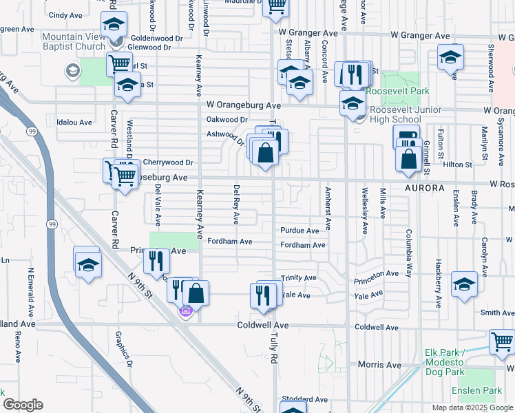 map of restaurants, bars, coffee shops, grocery stores, and more near 1313 Del Mar Avenue in Modesto
