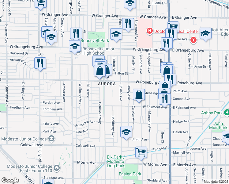 map of restaurants, bars, coffee shops, grocery stores, and more near 1025 Hackberry Avenue in Modesto
