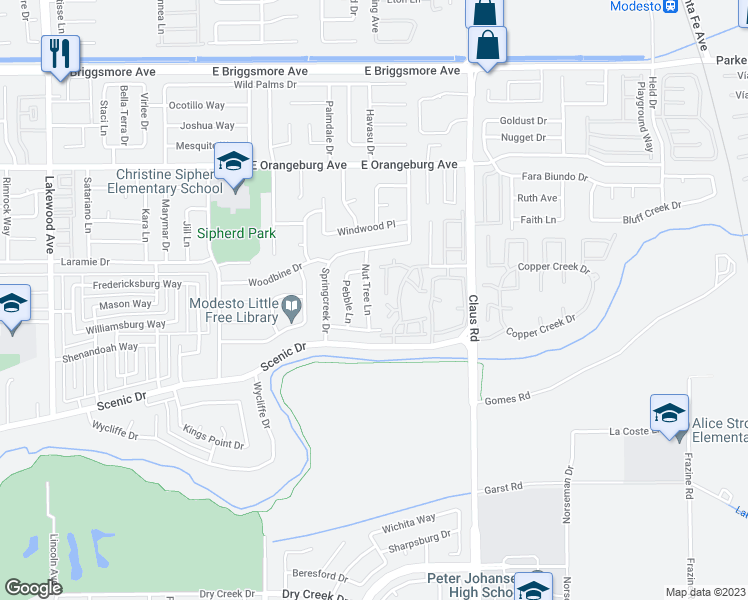 map of restaurants, bars, coffee shops, grocery stores, and more near 1116 Nut Tree Lane in Modesto