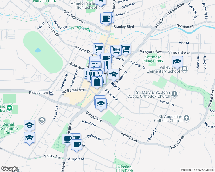 map of restaurants, bars, coffee shops, grocery stores, and more near 4568 First Street in Pleasanton