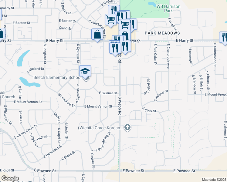 map of restaurants, bars, coffee shops, grocery stores, and more near 9466 East Skinner Street in Wichita