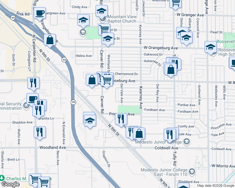 map of restaurants, bars, coffee shops, grocery stores, and more near 1110 Del Verde Ave in Modesto