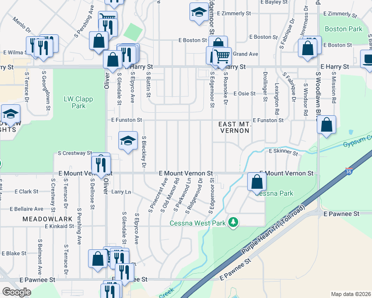 map of restaurants, bars, coffee shops, grocery stores, and more near 1901 South Parkwood Lane in Wichita
