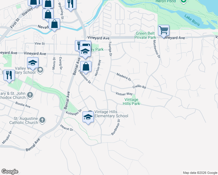 map of restaurants, bars, coffee shops, grocery stores, and more near 1376 Vintner Way in Pleasanton