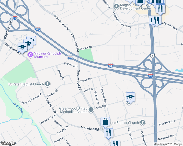 map of restaurants, bars, coffee shops, grocery stores, and more near 10311 Virginia Road in Glen Allen