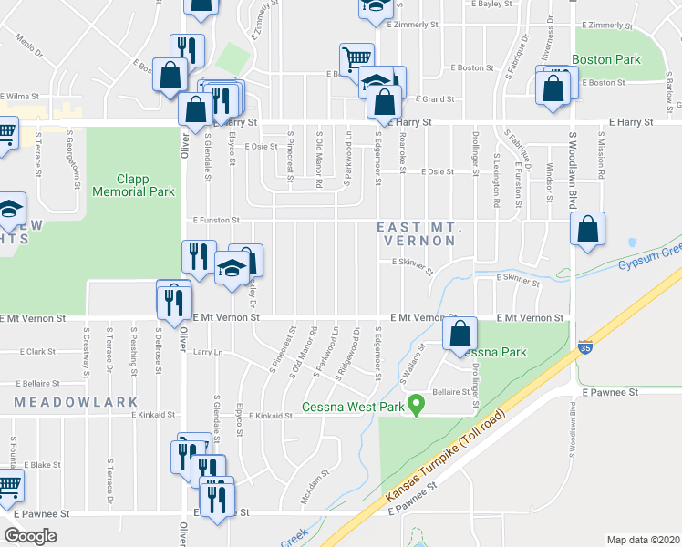 map of restaurants, bars, coffee shops, grocery stores, and more near 1902 South Parkwood Lane in Wichita