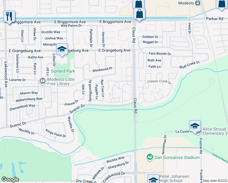 map of restaurants, bars, coffee shops, grocery stores, and more near 1122 Cedar Creek Drive in Modesto