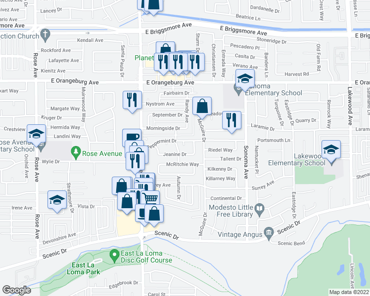 map of restaurants, bars, coffee shops, grocery stores, and more near 1113 Tiki Court in Modesto