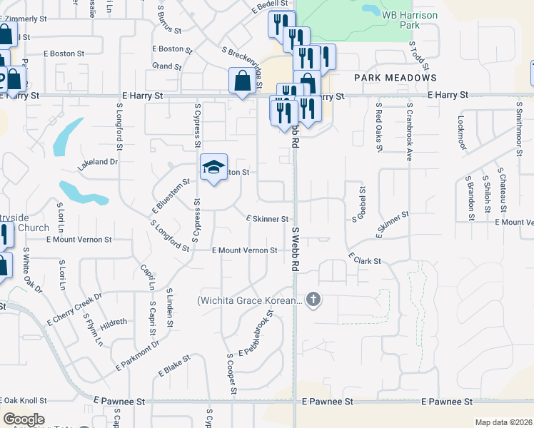 map of restaurants, bars, coffee shops, grocery stores, and more near 9410 East Skinner Street in Wichita