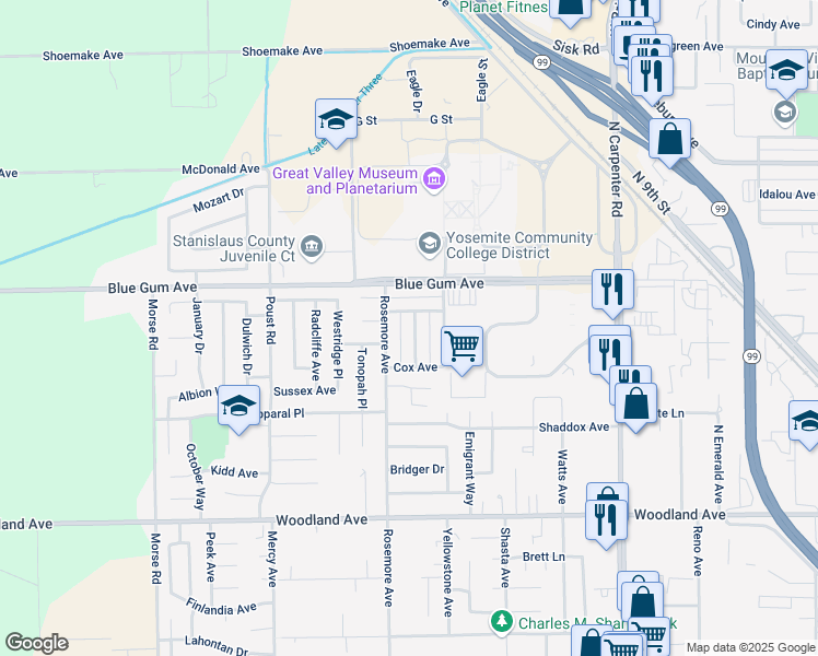 map of restaurants, bars, coffee shops, grocery stores, and more near 1605 Maddux Avenue in Modesto