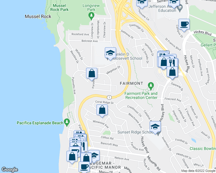 map of restaurants, bars, coffee shops, grocery stores, and more near 227 Forest Park Drive in Pacifica