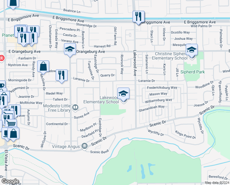 map of restaurants, bars, coffee shops, grocery stores, and more near 1108 Pyrite Way in Modesto