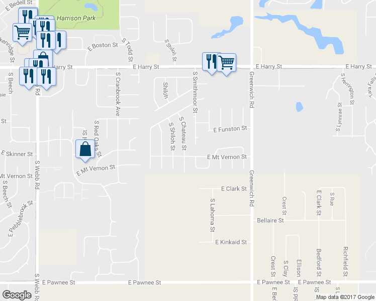 map of restaurants, bars, coffee shops, grocery stores, and more near 1914 South Chateau Street in Wichita