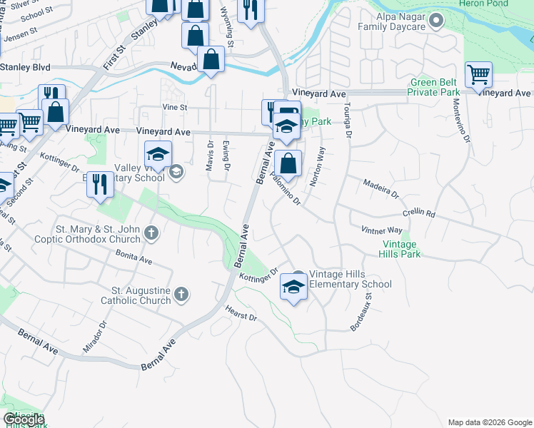 map of restaurants, bars, coffee shops, grocery stores, and more near 3624 Canelli Court in Pleasanton